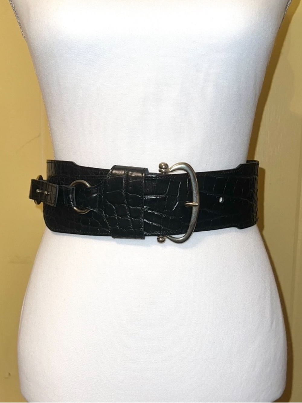 Zara Black Croc Embossed Wide Waist Belt  Silver Buckle Statement Y2K One Size